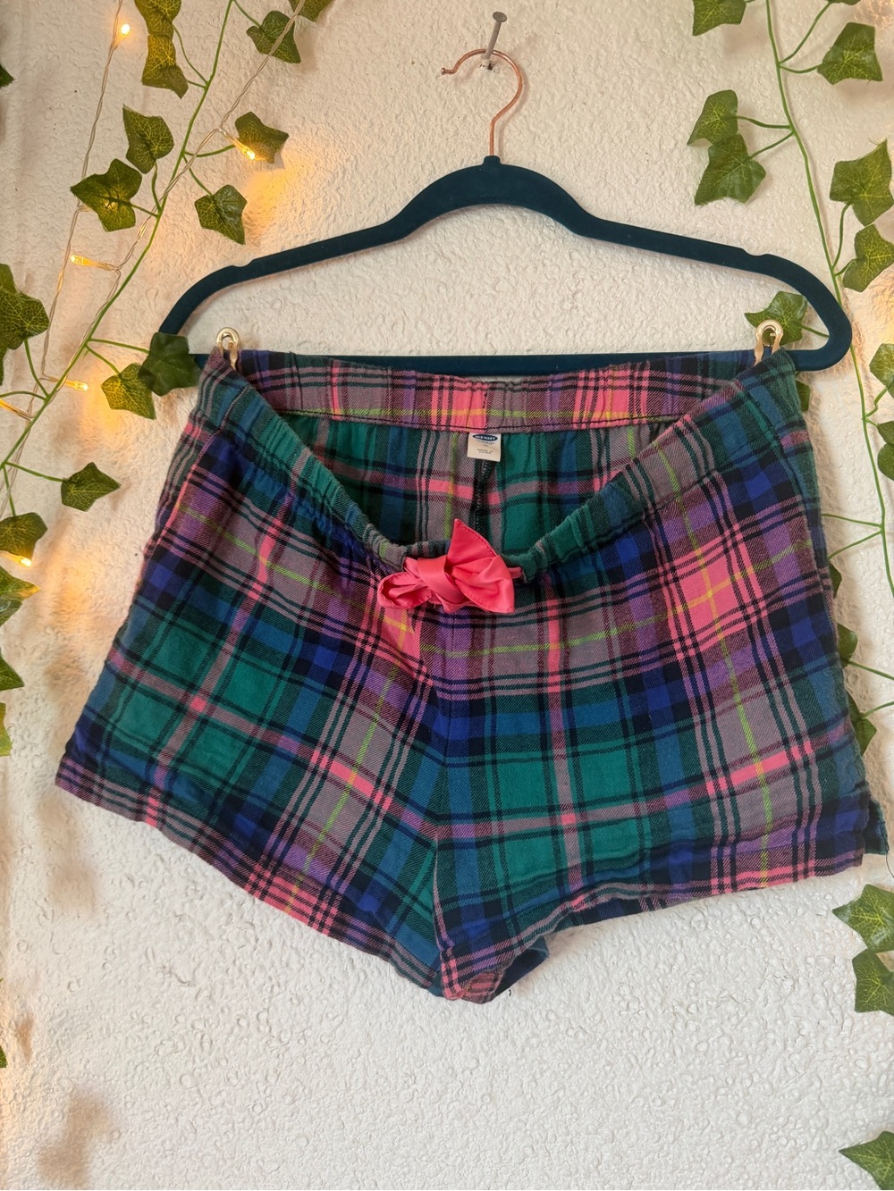 Old Navy Green and Pink Plaid Lounge Shorts with Pink Bow